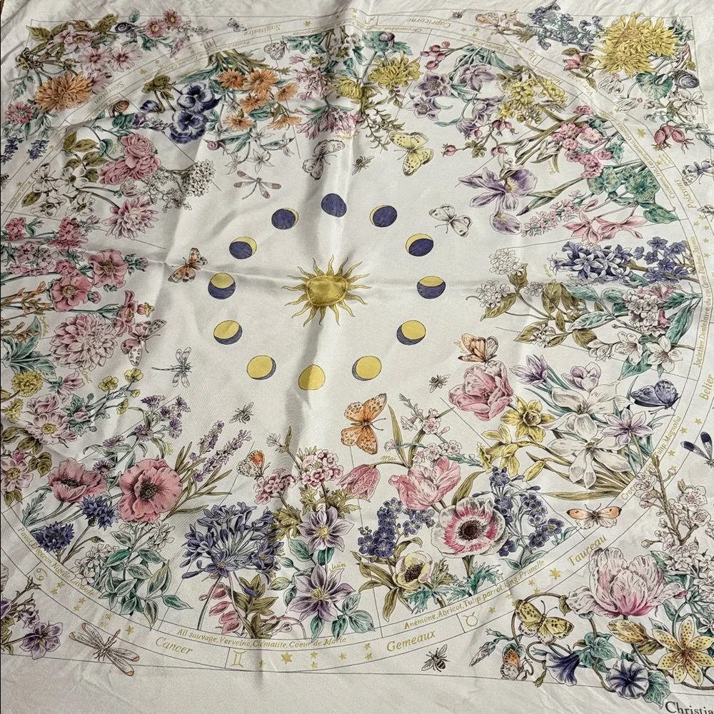 Dior White Silk Scarf with Floral and Sun Design